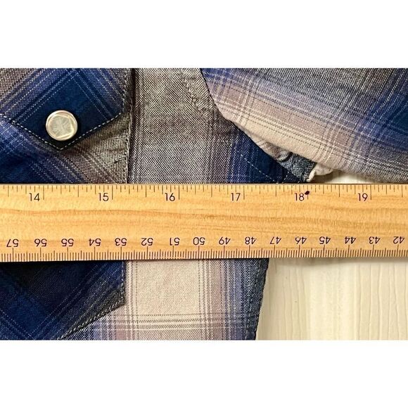 West Coast Choppers Long Sleeve Plaid Button Down Shirt Round Hem Blue Men's - Picture 9 of 9